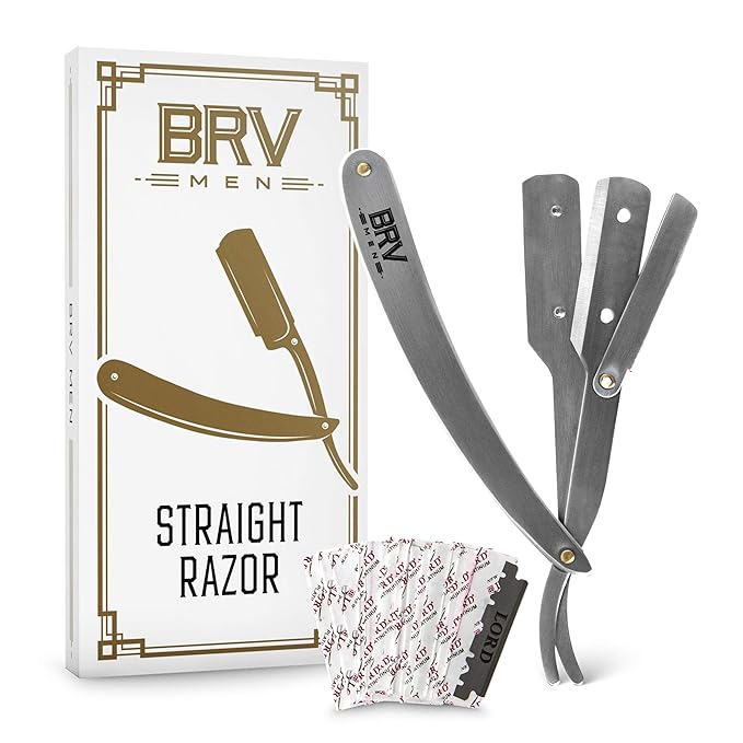 BRV MEN Professional Straight Edge Barber Razor w/ 100 Single Edge Razor Blades | Straight Razors for Men | Barbershop Accessories | Mens Shaving Knife & Shavette - Silver