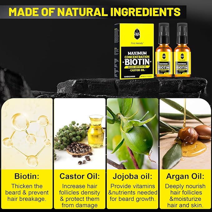 Beard Oil,Maximun Thickening Biotin, with Castor Oil and Argan & Jojoba Oils, Promotes Beard Growth, Styles, Strengthens & Softens Beards & Mustaches,1 Ounce*2（2 Pack）