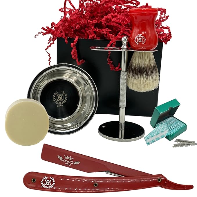 Straight Razor Men's Shaving Classic Gift Set Wet Shave | Beginner Barber Razor Kit, Stainless Steel Stand & Bowl, Natural Brush, Sensitive Skin Soap & 100 Blades