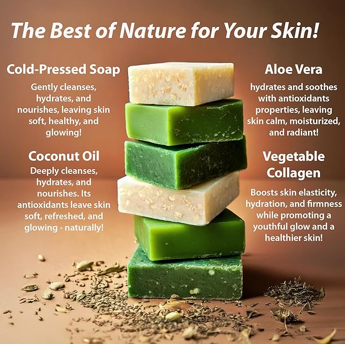 Natural Handmade Cold Press Bar Soap - Variety Pack with Aloe Vera and Vegetable Collagen - Soft Exfoliating - Coconut - Pear - Pine - 3 Pack