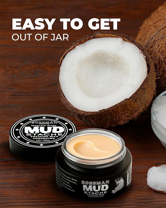 Bossman MUDstache Unscented Mustache Wax for Men (2 oz) - 2 Pack - Strong 24-Hour Hold, Non-Tacky & Easy to Apply for Taming & Styling