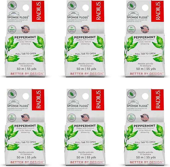 Radius Peppermint Dental Floss 55 Yards Vegan and Non-Toxic Oral Care Boost Total Tooth & Gum Protection Clear - Pack of 6