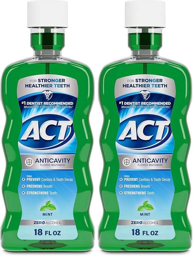 ACT Anticavity Zero Alcohol Fluoride Mouthwash | Mint Flavor | 18 fl. oz. | Pack of 2 | Includes Dosing Cup