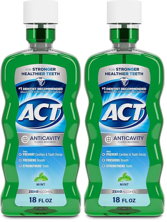 ACT Anticavity Zero Alcohol Fluoride Mouthwash | Mint Flavor | 18 fl. oz. | Pack of 2 | Includes Dosing Cup