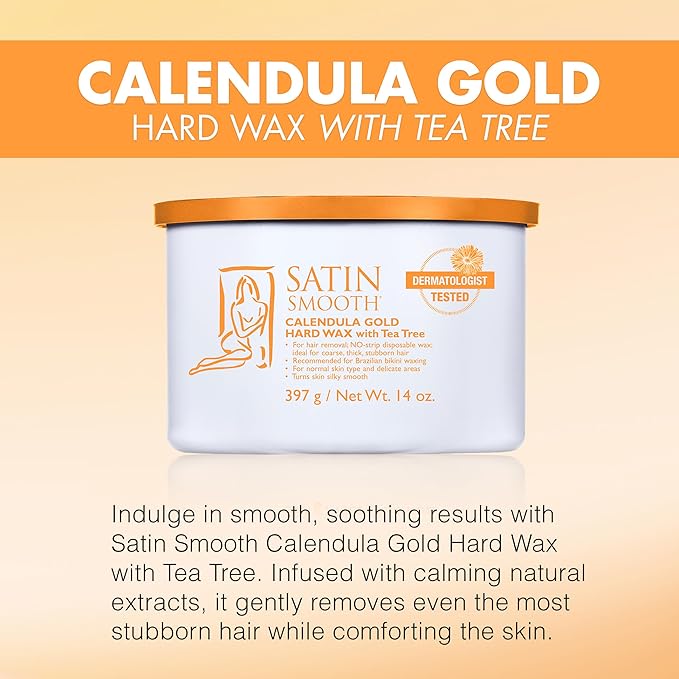 Satin Smooth Calendula Gold® Hard Wax with Tea Tree Oil, Hair Removal Wax for Sensitive Skin, Ideal for Face & Bikini Areas, Waxing Kit, 14oz