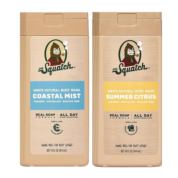 Dr. Squatch Natural Men's Body Wash Shower Gel - Cleansing, Nourishing, Long Lasting Scent, Moisturizing Body Wash for Men - Coastal Mist + Summer Citrus (14 oz, 2-Pack)