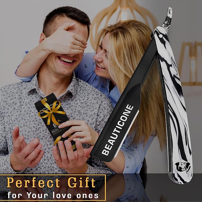 BEAUTICONE® Straight Razors for Men – Professional Barber Straight Edge Razor Kit with Replaceable Single Edge Blades - Navajas Para Barbero - Pouch Gift Box 1.2 mm Exposed for Close Shave Ultra Light
