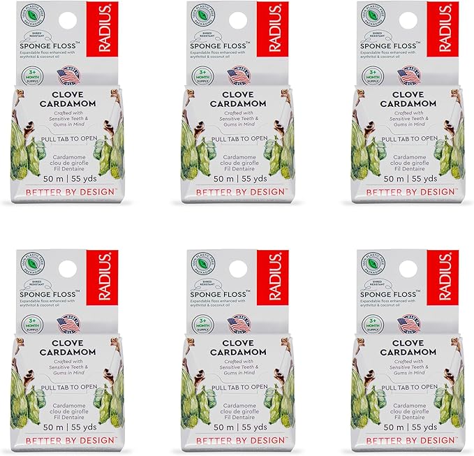 Radius Dental Floss, Sponge Floss, Clove Cardamom, 55 Yards, Vegan & Non-Toxic Oral Care Designed to Help Fight Plaque, Pack of 6