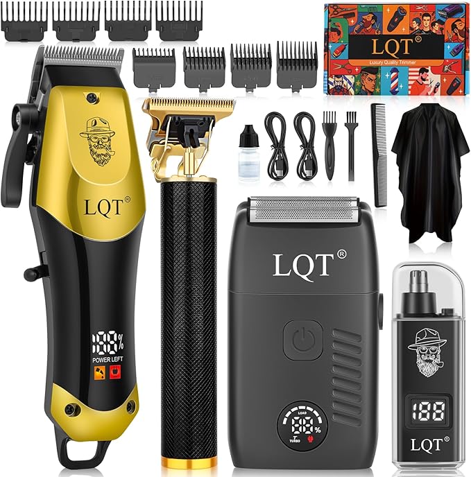 Hair Clippers for Men, with LED Display 4-Piece Cordless Grooming Kit with Hair Clipper, Beard Trimmer, Foil Shaver & Nose Trimmer, Complete Rechargeable Set for Home Barber Use (Black Gold)