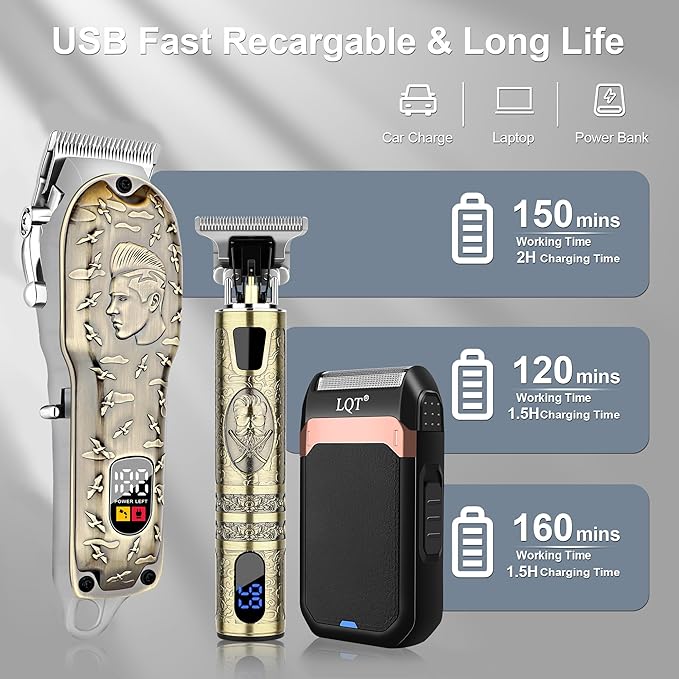 Professional Hair Clippers Set for Men, Cordless Rechargeable Barber Trimmers for Hair Cutting, Electric Shavers, LED Display, Grooming Kit for Head, Face, Body, Gifts for Men Husband & Father