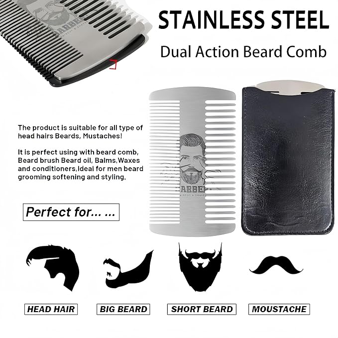 Metal Beard Mustache Comb for Men - Anti-Static Dual Action - Credit Card Size Stainless Steel EDC Comb, Lice Wallet Pocket, Fine Cutting Teasing Barber Hair Styling - Silver