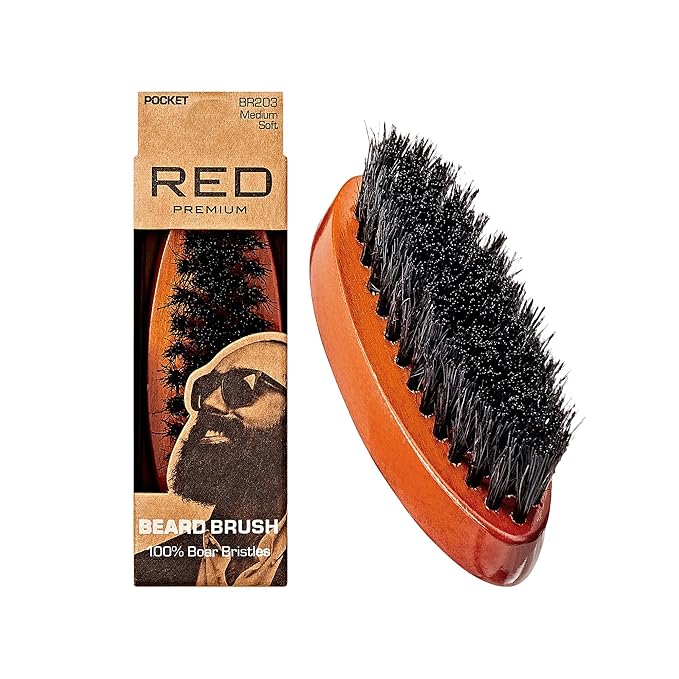Red by Kiss Beard Brush with 100% Natural Boar Bristles for Men, Premium Wooden Brush, Beards Mustaches Grooming Shaving Comb, Tame and Soften Facial Hair (Pocket)
