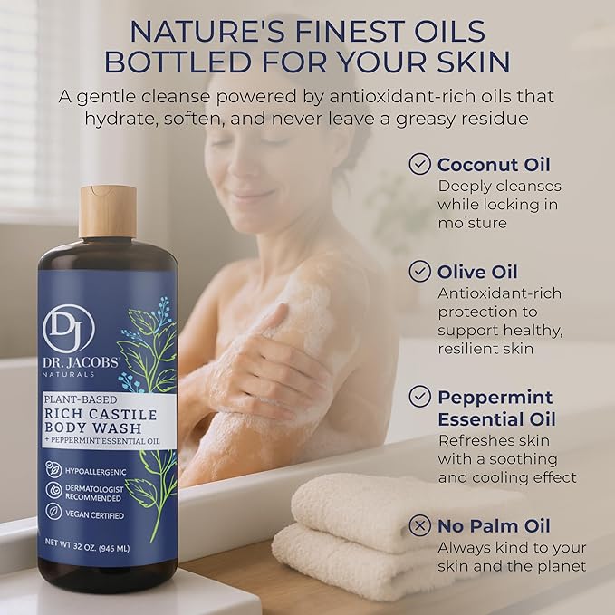 Dr. Jacobs Naturals Pure Castile Soap Liquid Body Wash, Peppermint - Plant Based Soap Infused with Vitamin E and Aloe Vera to Moisturize Dry and Sensitive Skin - Made in The USA - 32 oz, Pack of 2