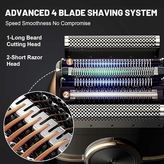 Electric Foil Shavers for Men: Mini Electric Razor with 4 Floating Blades & Big LED Display - Foil Shaver for Men with 2 Gears Adjustable - Face Shaver with IPX7 Waterproof,USB Type C (Deep Black)
