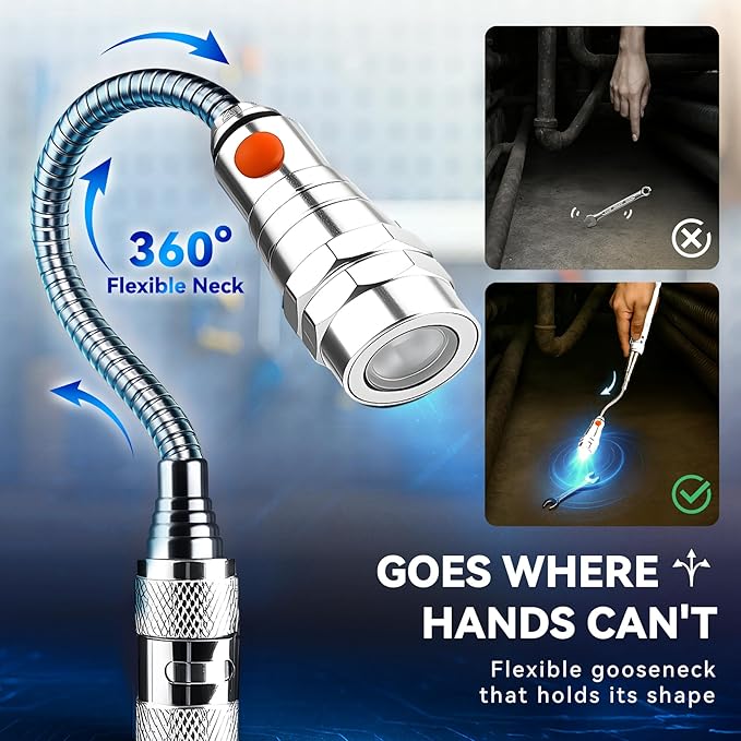 VIBELITE Extendable Magnetic Flashlight with Telescoping Magnet Pickup Tool- Cool Gadget Valentines Day Gifts for Him, Men, Teen Boys, Husband, Dad, Father, Mechanic, Women, Silver