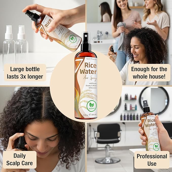 Large Fermented Rice Water for Hair Growth - Infused with Rosemary, Biotin, Caffeine, Keratin Vegan Non-Greasy Spray Naturally Thicker, Longer, Softer Men & Women (12 fl oz)