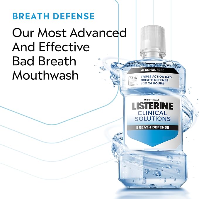 Listerine Clinical Solutions Breath Defense Alcohol Free Mouthwash, Oral Rinse with a Triple-Action Formula Fights Bad Breath for 24 Hours, Smooth Mint Flavor, 1 L