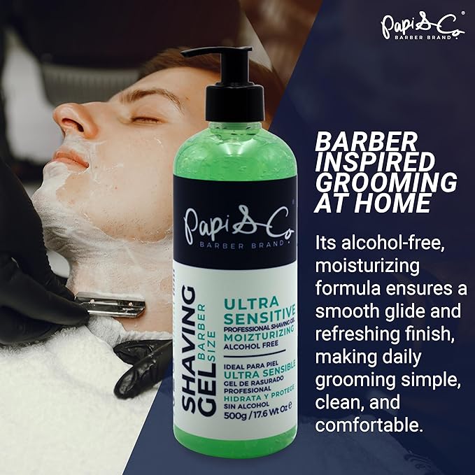 Papi&Co Shaving Gel for Ultra Sensitive Skin - Gentle, Alcohol-free, Moisturizing and Protecting Face Shave Gel for Men 17.6 Oz