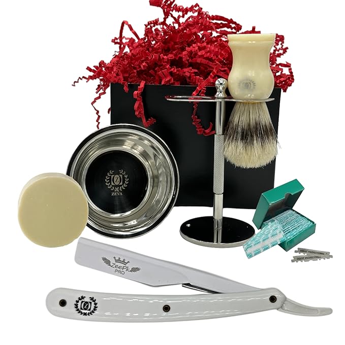 Straight Razor Men's Shaving Gift Set Classic | Luxury Barber Razor Kit, Stainless Steel Accessories, Natural Brush & 100 Blades | The Collectible Item Gift For Him