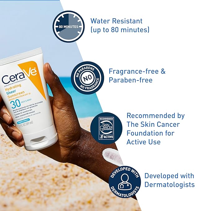 CeraVe Hydrating Sheer Sunscreen with SPF 30 for Face and Body,Mineral&Chemical Sunscreen for Men&Women with Zinc Oxide,Hyaluronic Acid and Ceramides,Paraben-Free + Fragrance-Free,5 Ounces,(Pack of 2)