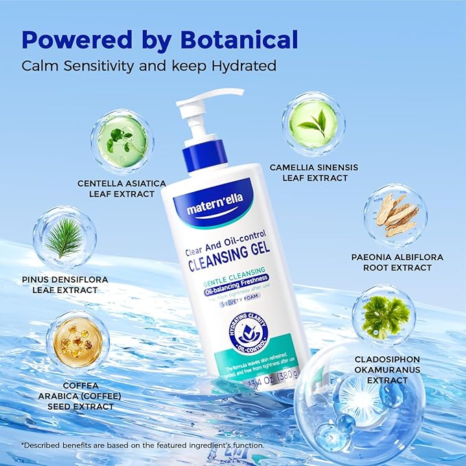 matern'ella Cleansing Gel Oil-control Mild Facial Cleanser, Plant Extract Hydrating Daily Use Face Wash for Women & Men Safe For Sensitive Skin, no Stripping 13.4 Oz