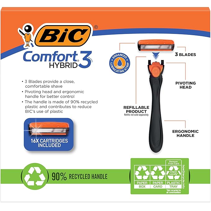 BIC Comfort 3 Hybrid Disposable Razors for Men, 1 Handle and 16 Cartridges With 3 Blades, 17 Piece Razor Kit for Men