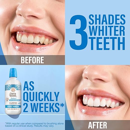 GuruNanda Oxyburst Teeth Whitening Mouthwash – Alcohol & Fluoride Free, with Hydrogen Peroxide & 7 Essential Oils, Value Size for Regular Use, Wild Mint, 1 Liter/33.8 fl oz