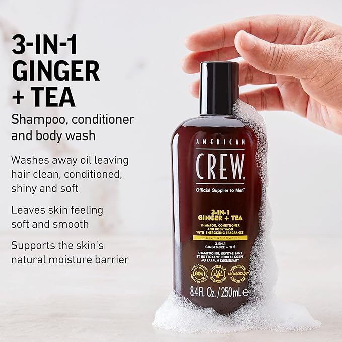 AMERICAN CREW 3-in-1 Ginger & Tea, Shampoo, Conditioner & Body Wash for Men, All-in-One Care with Revitalizing and Refreshing Fragrance, 33.8 fl oz