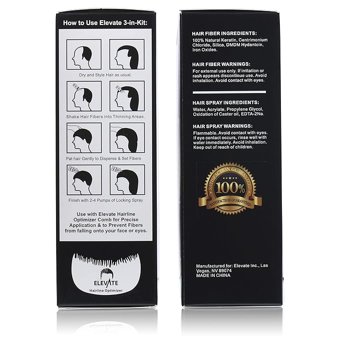 Elevate Hair Building Fibers 3-in-1 Kit for Thinning Hair (Dark Brown) Keratin Hair Thickening Powder with Fiber Lock Spray & Hairline Optimizer Comb - Instant Concealer Applicator for Men & Women