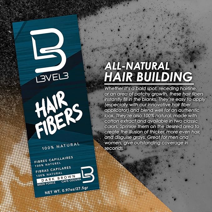 L3 Hair Fibers - Cover Bald Spot or Thinning Hair - Natural Looking Finish - Instant Grey Coverage and Thicker Hair (Brown)