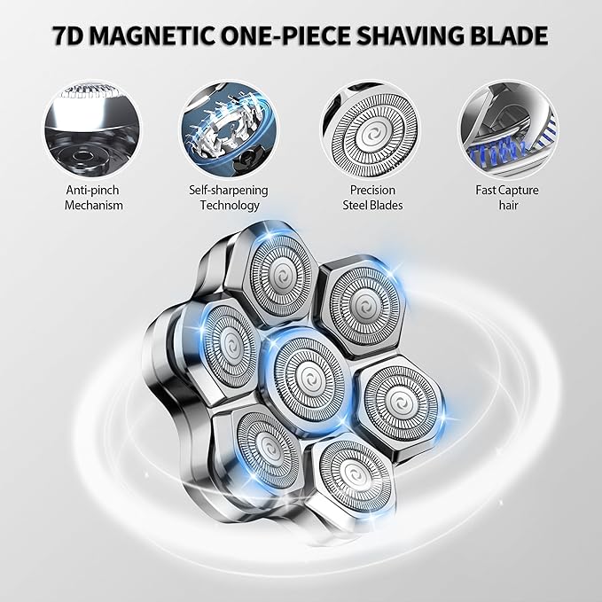 Magnetic Head Shaver Replacement Heads 7 Double Ring Waterproof Rotary Razor Blades for Bald Men Compatible with freebird wyklaus shpavver & Other Brands(silverm7)