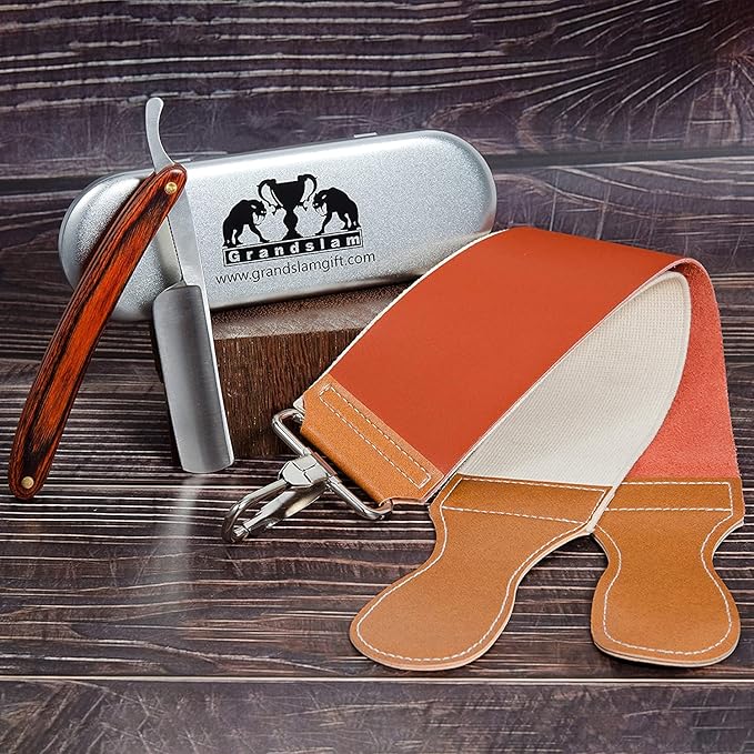 Grandslam Pro Natural Wooden Handle 420 Stainless Steel Straight Razor with Premium Leather Strop,Straight Razor Shaving Kit for Men,2 Layers Leather Canvas Strop Sharpening Strop Brown