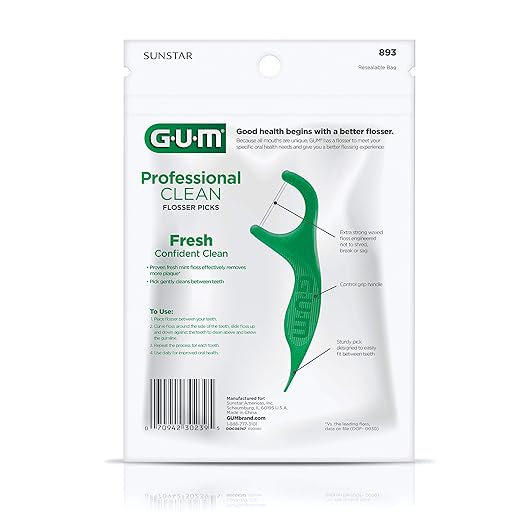 GUM Professional Clean Floss Picks - Extra Strong Shred-Resistant Floss, Easy Grip Handle - Dental Flossers for Adults - Fresh Mint Flavor, 90 Count (Pack of 2)