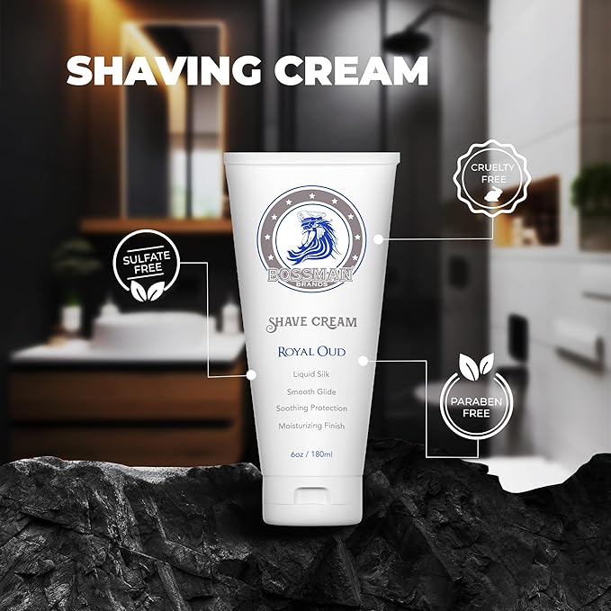 Bossman Liquid Silk Shave Cream for Men – Sensitive Skin Formula, Smooth Glide, & Soothing Protection – Moisturizing Finish (Royal Oud Scent)