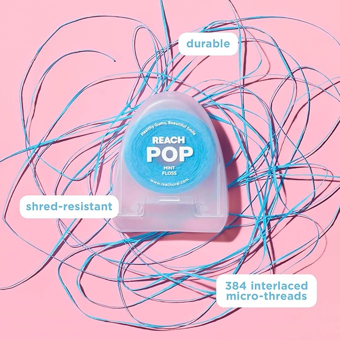 REACH POP Dental Floss, Mint, Plaque Remover for Teeth, Shred Resistant, Vegan Wax, Cruelty Free, Eco Friendly Packaging, Oral Care, PFAS Free, for Adults & Kids, 6 Pack, 54.6 yd