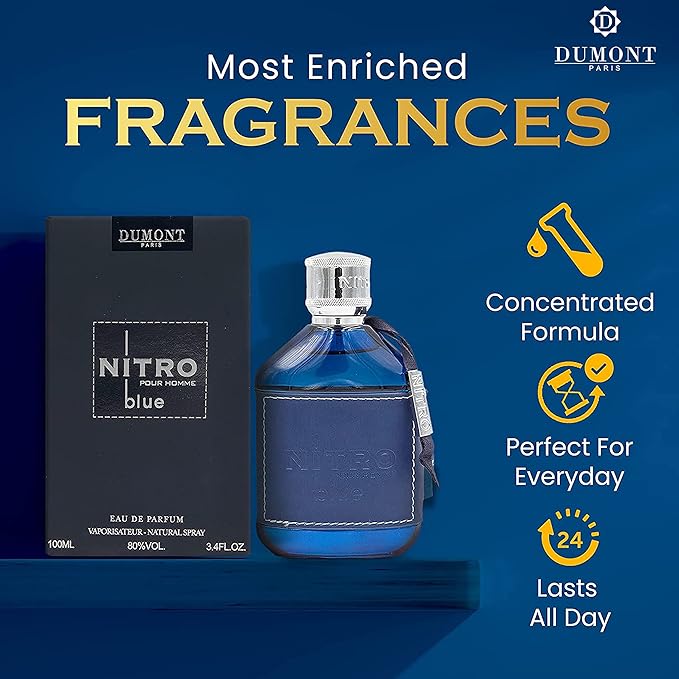 Dumont Nitro Blue Eau De Parfum - Uplifting Floral & Woody Fragrance - 3.4 Fl Oz