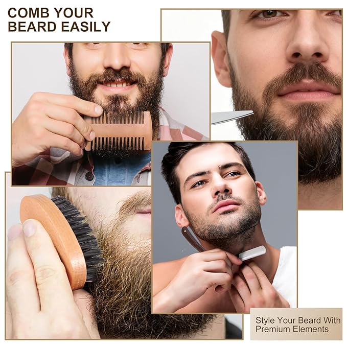 Beard Brush and Comb Set for Men - Straight Edge Razor and Shaving Scissors, Natural Boar Bristle, Dual Action Wood Comb, Travel Pouch - Great for Grooming Beards and Mustaches