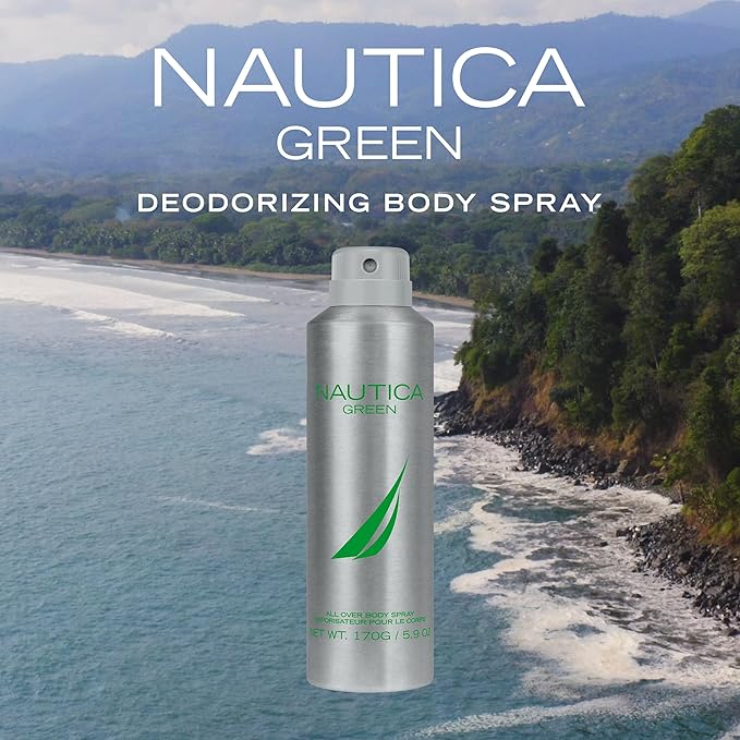 Nautica Color Green Deodorizing Body Spray for Men, Woody Fougere Fragrance, Notes of Ginger, Geranium and Vetiver, 6.0oz