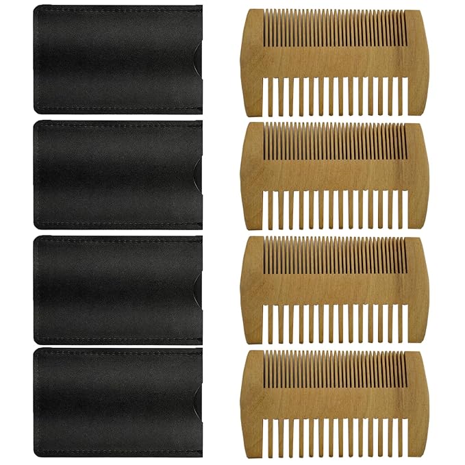 4 Pack Double-Sided Pocket Comb, Wooden Dual Action Beard and Mustache Comb Set with Leather Cases for Beards and Mustaches, Everyday Styling Comb For Detangling Knots (Rosewood)