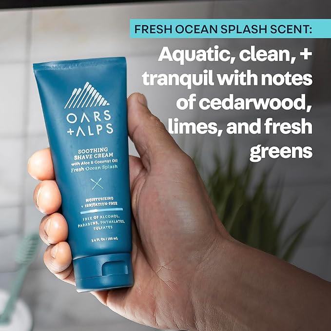 Oars + Alps Soothing Men's Shaving Cream, Dermatologist Tested and Infused with Aloe and Coconut Oil, Fresh Ocean Splash Scent, TSA Friendly, 3.4 Oz, 1 Pack