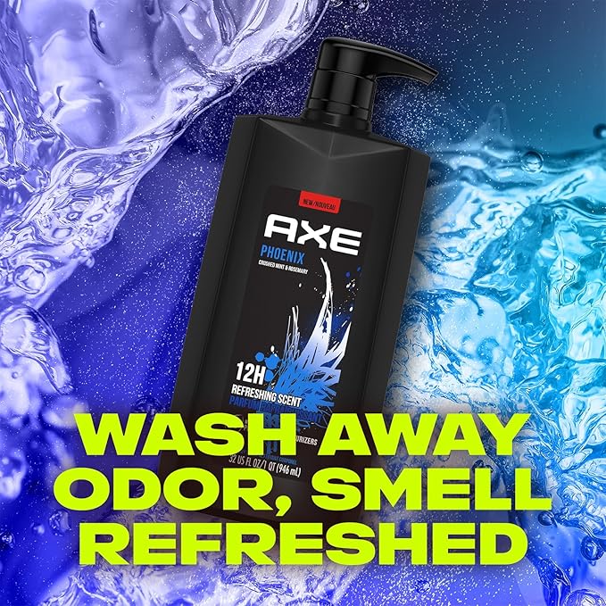 AXE Men's Body Wash & Shower Gel, Phoenix, 3-Pack, 12H Invigorating Crushed Mint & Rosemary Scent, 32 Fl Oz Ea