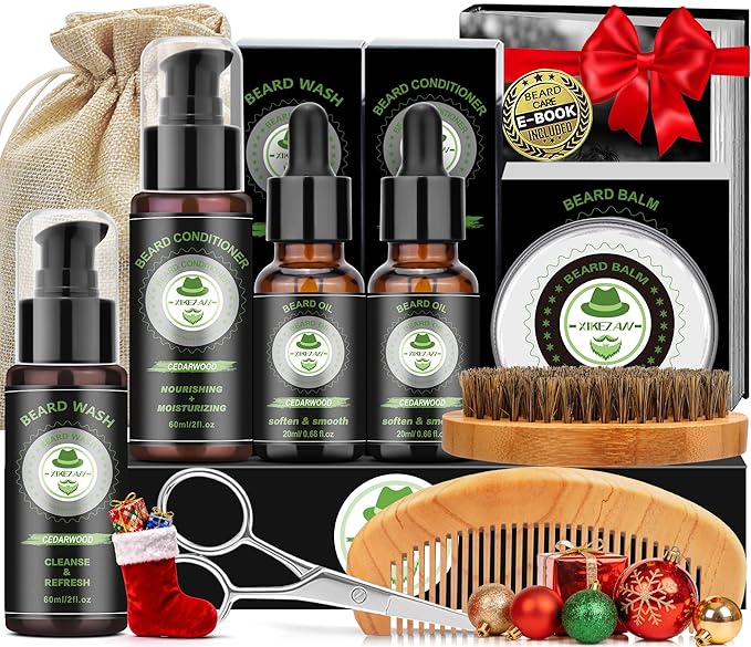 Dad Husband Christmas Gifts,XIKEZAN Beard Kit for Men Grooming with Cedarwood Wash,Conditioner,Oil,Balm,Brush,Comb,Scissors,Anniversary Valentines Birthday Fathers Gift Ideas for Men Grandpa Boyfriend