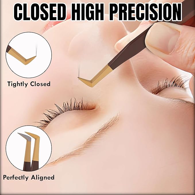 HADIZ Professional Eyelash Extension Tweezers Japanese Stainless Steel 45° & 90° Lash Tweezer for Precision Beauty Tools(Brown & Gold)
