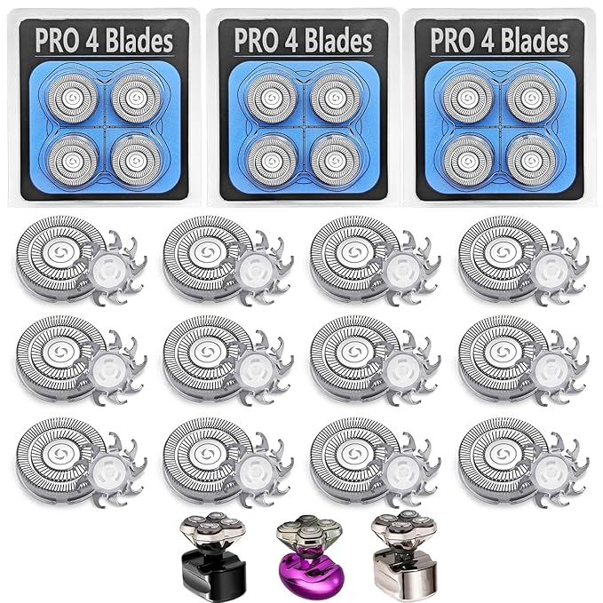12Pack Pro 4 Head Replacement Blades for Pitbull Shaver Replacement Heads for Skull Bald Head Razors Gold PRO, Silver PRO, Platinum PRO… Series, Precision Replacement Blades for Head, Face.