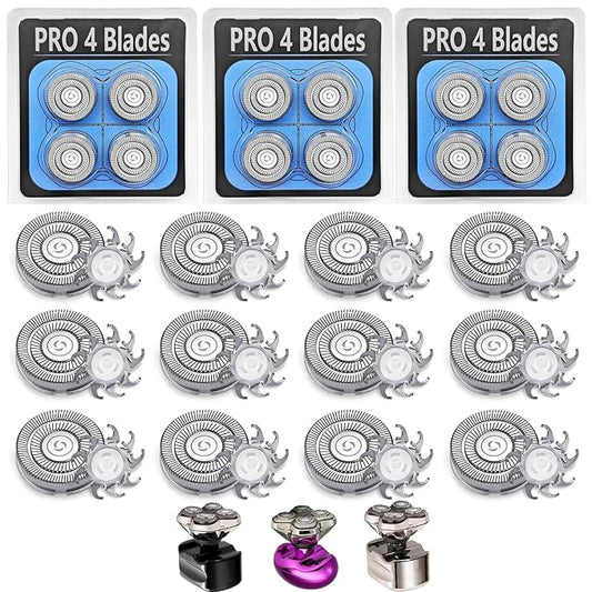 12Pack Pro 4 Head Replacement Blades for Pitbull Shaver Replacement Heads for Skull Bald Head Razors Gold PRO, Silver PRO, Platinum PRO… Series, Precision Replacement Blades for Head, Face.