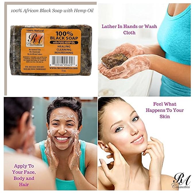 RA COSMETICS 100% African Black Soap With Hemp Oil 5 oz