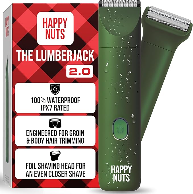 HAPPY NUTS Lumberjack 2.0 Men's Electric Body & Groin Hair Trimmer - Waterproof, Rechargeable Manscaping Kit with Foil Shaver - Ultra-Quiet Motor for Efficient Grooming (Green)