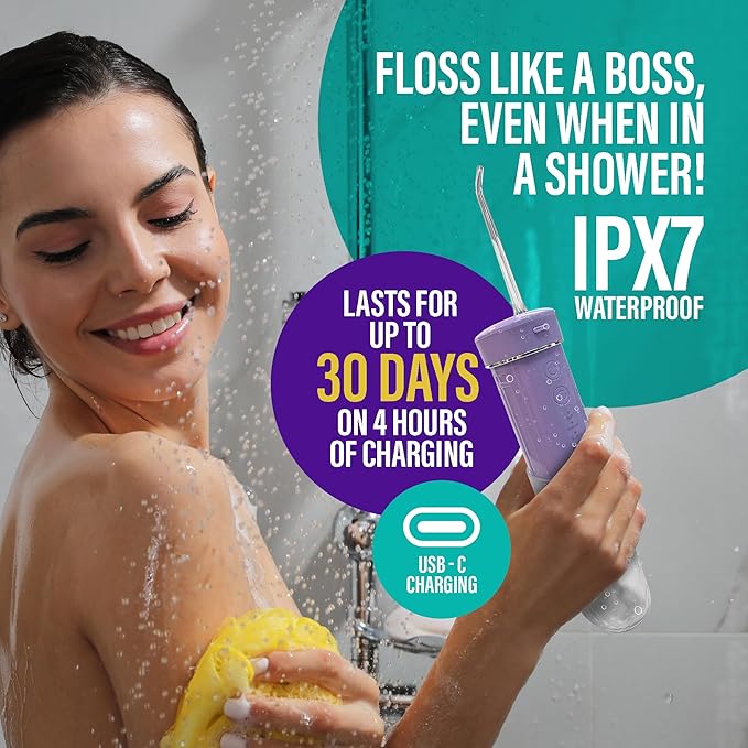 GuruNanda Compact Water Dental Flosser, Portable Travel Size Oral Irrigator Flosser with Collapsible 180 ml Tank, Smart Timer, 4 Flossing Modes, TSA-Friendly - Lavender
