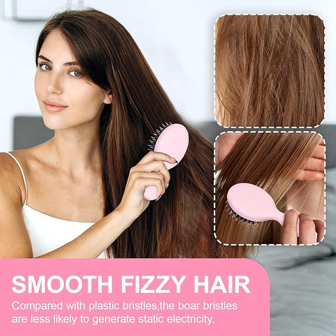 Mini Boar Bristles Hair Bursh, Travel Size Hair Brush for Women Men Kids, Protable Small Hair Brushes for Pockets Purses, Mini Hair Brush for Smooth Add Shine (1 Pack-Pink)