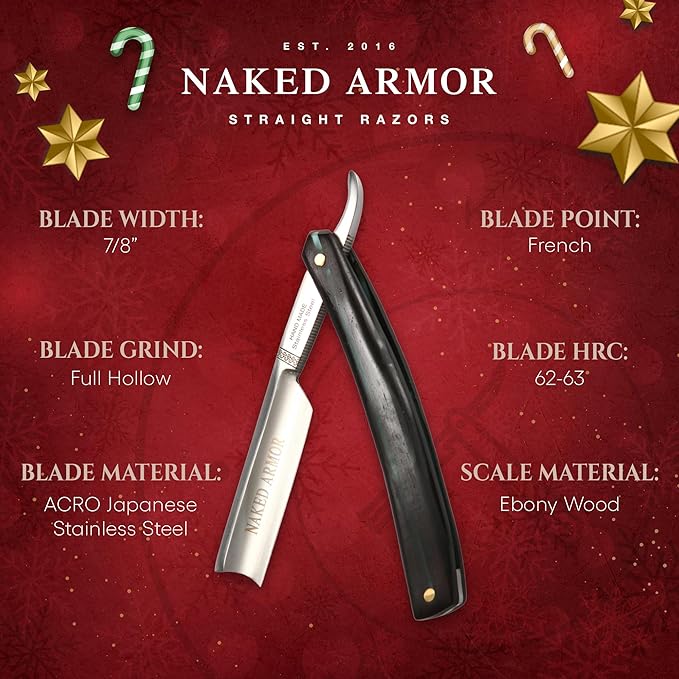 Naked Armor Dodinel Straight Razor - Shave Ready Japanese Stainless Steel Straight Razors for Men with Ebony Wood Scale, Case Included, Close Shave
